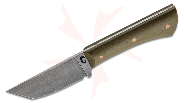 Criswell Blacksmithing Custom EDC Tanto Fixed Blade Knife 3 inch 52100 Tanto, Contoured OD Green G10 Handles, Kydex Sheath