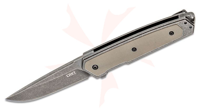 Columbia River CRKT 7091 Richard Rogers Cinco Flipper Knife 2.89 inch D2 Black Stonewashed Blade and Stainless Steel Handles with Tan G10 Inlays