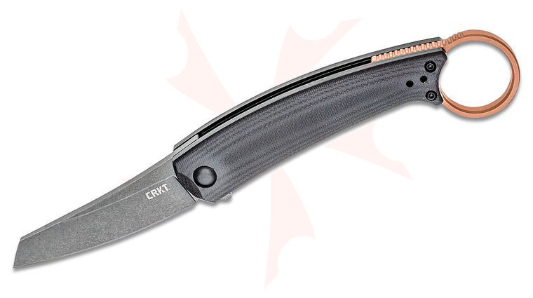 Columbia River CRKT 7150 Jesper Voxnaes Ibi Flipper Knife 2.706 inch D2 Black Stonewashed Blade, Black G10 Handles, Copper Ring