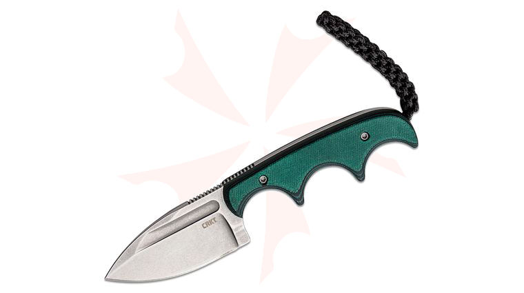 Columbia River CRKT 2396 Folts Minimalist Fixed Blade Neck Knife 2.15 inch Stonewash Spear Point Blade, Green Resin Infused Fiber Handles, Thermoplastic Sheath