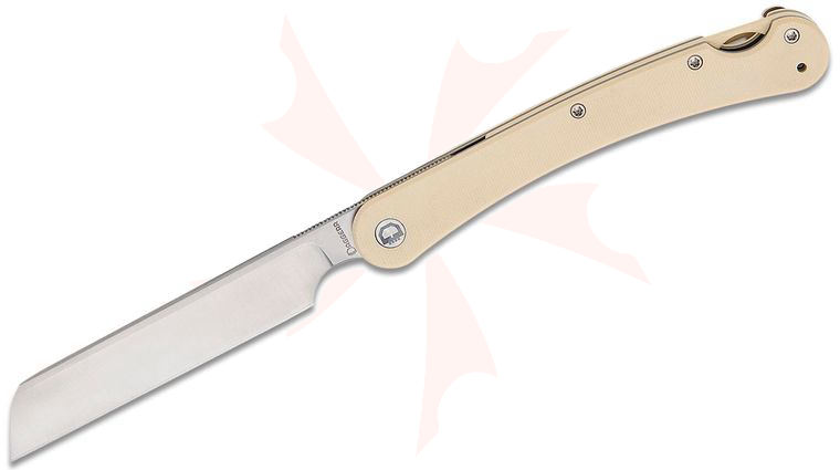 Daggerr Knives Boris Britva Front Flipper Knife 3.75 inch VG-10 Satin Sheepsfoot Blade, White G10 Handles, Leather Sheath