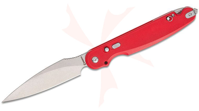 Daggerr Knives Parrot Button Lock Folding Knife 4.75 inch VG-10 Stonewashed Spear Point Blade, Red G10 Handles, Glass Breaker