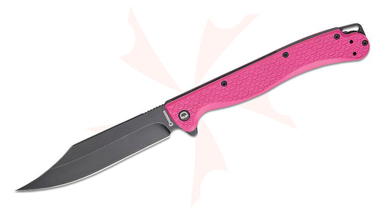 Daggerr Knives Toothpick Flipper Knife 4.88 inch 8Cr14MoV Black Stonewashed Clip Point Blade, Pink FRN Handles