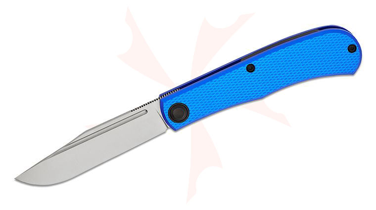 Daedalus Knife Co. DKC-L1 Lab Liner Lock Front Flipper Knife 2.99 inch 154CM Belt Satin Clip Point Blade, Blue Checkered Aluminum Handles