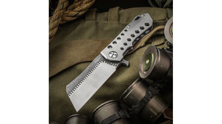 Darrel Ralph Designs Custom Fusion MOAB Hacker Flipper 3.625 inch Nichols Wavepool Damascus/6K Stellite Blade, Milled Titanium Handles