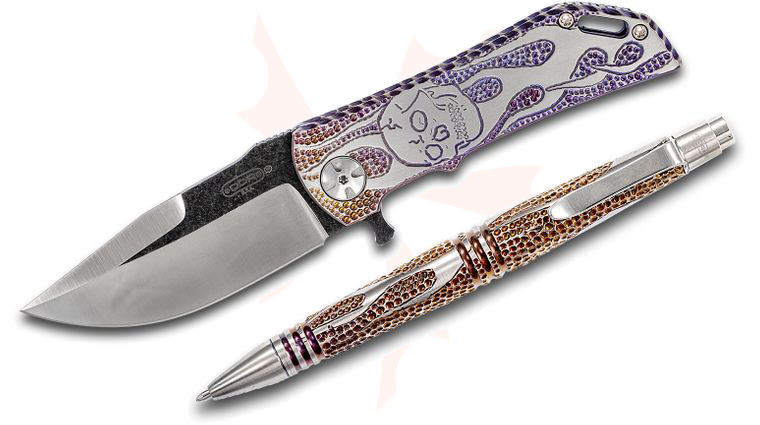 Darrel Ralph Designs Custom Dominator 35 Flipper Knife Set 3.5 inch CPM-S35VN Two-Tone Blade, Flamed Engraved Skull Titanium Handles and Matching Cannon Barrel Titanium Pen