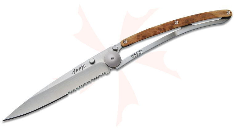 Deejo Knives Juniper Wood 37g One-Handed Folding Knife 3.75 inch Matte Finish Combo Blade, Minimalist Design