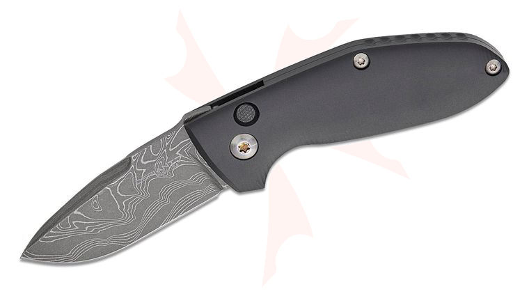 Defiant 7 Tom Krein Alpha AUTO Folding Knife 2.875 inch Nichols Black Boomerang Damascus Drop Point Blade, 3D Contoured Black Aluminum Handles