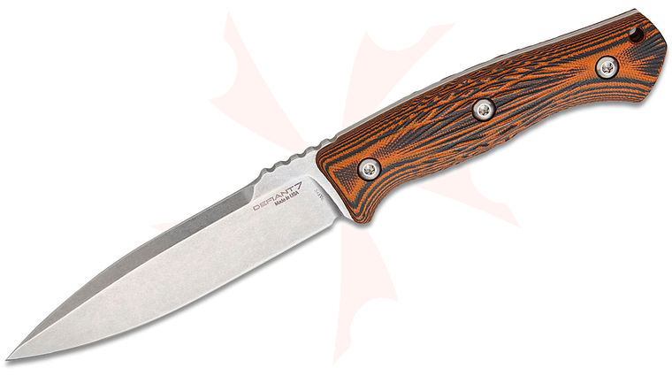 Defiant 7 Allen Elishewitz BK Fixed Blade Knife 4.75 inch S45VN Stonewashed Drop Point Blade, Tiger Stripe G10 Handles, Kydex Sheath - KnifeCenter Exclusive