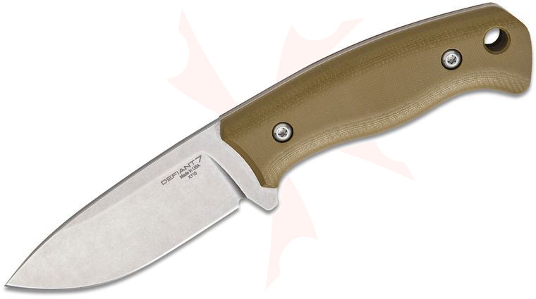 Defiant 7 Tom Krein Bullie Fixed Blade Knife 4 inch Bohler K110 (D2) Stonewashed Drop Point Blade, OD Green G10 Handles, IWB Kydex Sheath