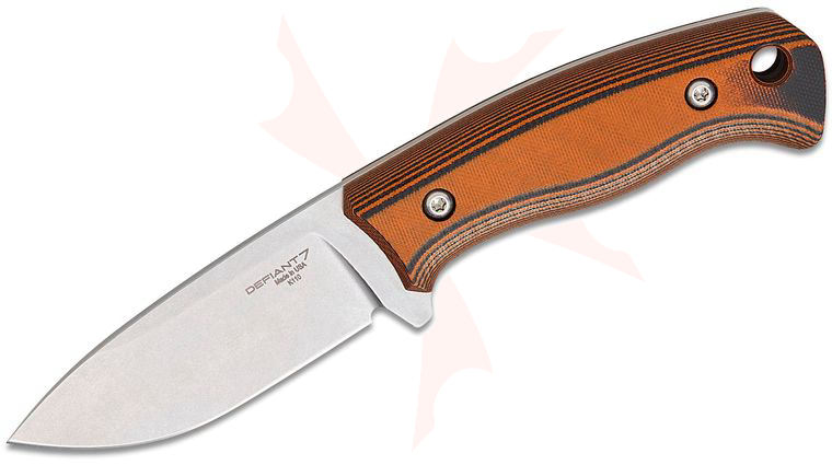 Defiant 7 Tom Krein Bullie Fixed Blade Knife 4 inch Bohler K110 (D2) Stonewashed Drop Point Blade, Tiger Stripe G10 Handles, IWB Kydex Sheath - KnifeCenter Exclusive