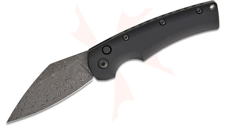 Defiant 7 Ryan Johnson Seax Push Button AUTO Folding Knife 3.5 inch Nichols Boomerang Damascus Seax Blade, 3D Milled Black Aluminum Handles