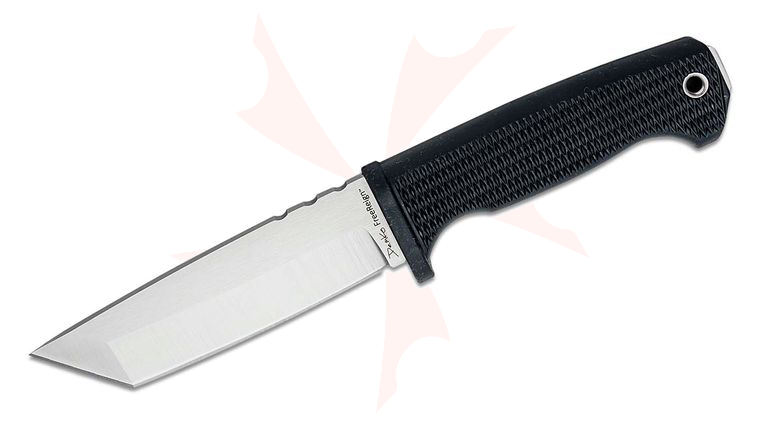 Demko Knives FREEREIGN Fixed Blade Knife 5 inch AUS-10A Satin Tanto, Black Injection Molded Rubber Handle, Molded Plastic Sheath