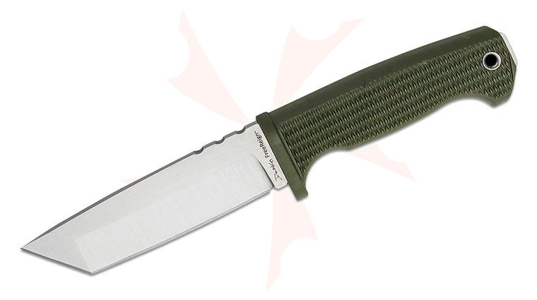 Demko Knives FREEREIGN Fixed Blade Knife 5 inch AUS-10A Satin Tanto, OD Green Injection Molded Rubber Handle, Molded Plastic Sheath