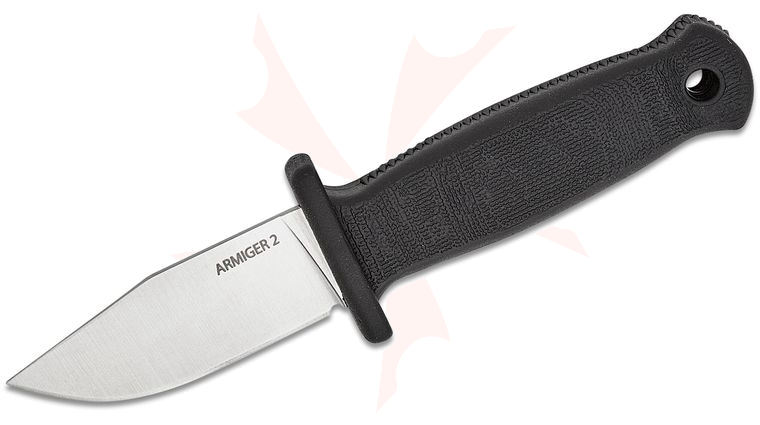 Demko Knives Armiger 2 Fixed Blade Neck Knife 2 inch 4034 Satin Clip Point Plain Blade, Black Thermal Plastic Rubber Handle, Full Tang, Kydex Sheath