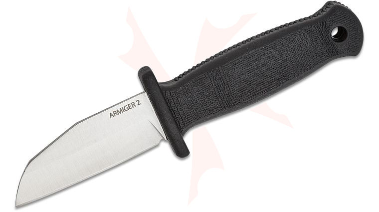 Demko Knives Armiger 2 Fixed Blade Neck Knife 2 inch 4034 Satin Shark Foot Plain Blade, Black Thermal Plastic Rubber Handle, Full Tang, Kydex Sheath