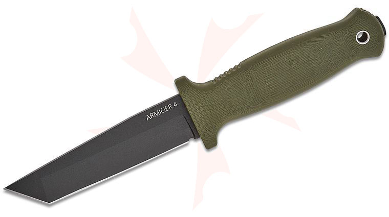 Demko Knives Armiger 4 Fixed Blade Knife 4.25 inch 80CrV2 Black Powder Coated Tanto Plain Blade, OD Green Thermal Plastic Rubber Handle, Full Tang, Kydex Sheath