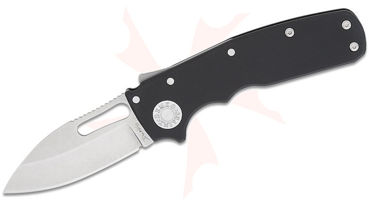 Andrew Demko Shark-Cub Shark Lock Folding Knife 2.75 inch CPM-20CV Stonewashed Slicer Shark Blade, Black Aluminum Handles, Reversible Deep Carry Clip