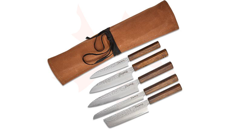 Demko Knives Japanese San Mai Kitchen Cutlery 5-Piece Set, VG10 San Mai Blades, Japanese Red Oak Handles, Hudson Durable Goods Wax Canvas Roll