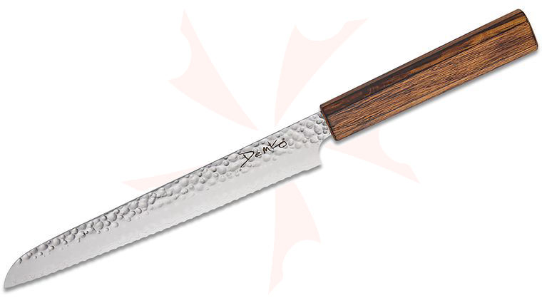 Demko Knives Japanese San Mai Kitchen Cutlery Bread Knife 8 inch VG10 San Mai Serrated Blade, Japanese Red Oak Handle