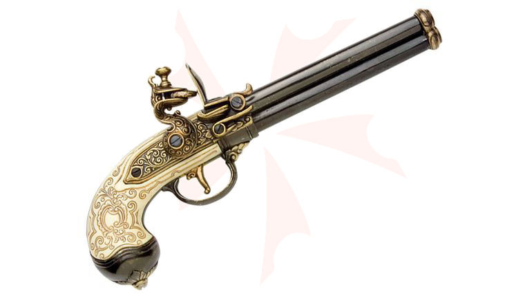 Denix Replica 1680 Italian 3-Barrel Flintlock Pistol, Brass, Non-Firing