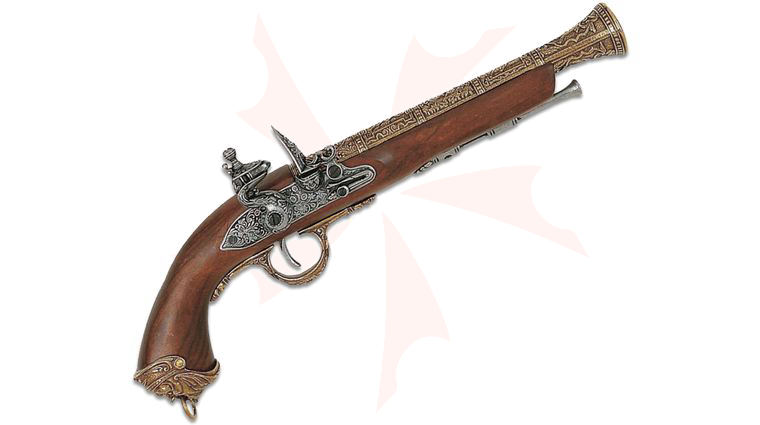 Denix Replica 18th Century Italian Pirate Flintlock Pistol, Brass, Non-Firing