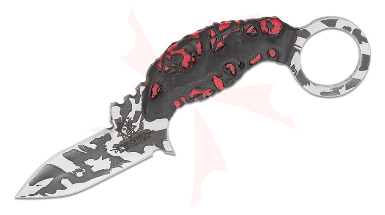 Rich Derespina Custom Neck Bite Karambit Fixed Blade Knife 2.5 inch 154CM Camo Double Edge Dagger Blade, Black Rubber with Red Paint Filled Handle with Pinky Ring, Kydex Belt Sheath