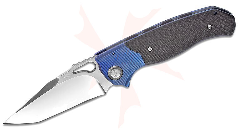 Matt Diskin Custom Revolution Dual-Action AUTO Folding Knife 3.625 inch Mirror Polished M390 Tanto Blade, Milled Carbon Fiber Handles with Blue Titanium Bolsters, Damasteel Pivot