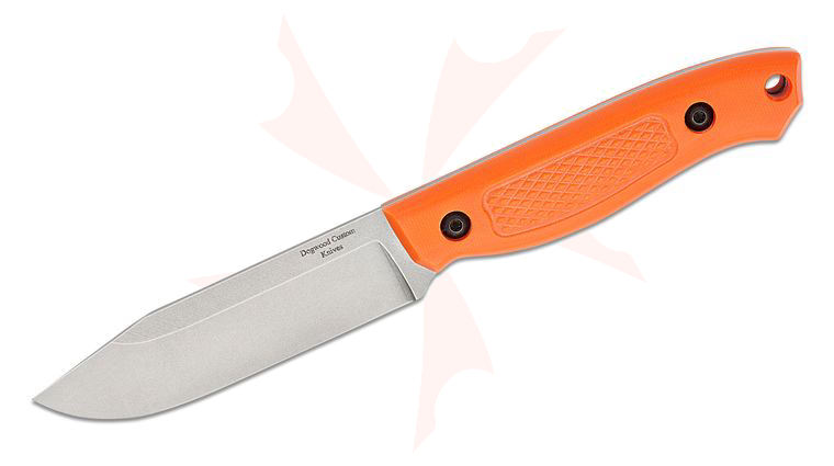 Dogwood Custom Knives Echo-3 Fixed Blade Knife 4.13 inch S35VN Stonewashed Clip Point Blade, Checkered Orange G10 Handles, Leather Sheath