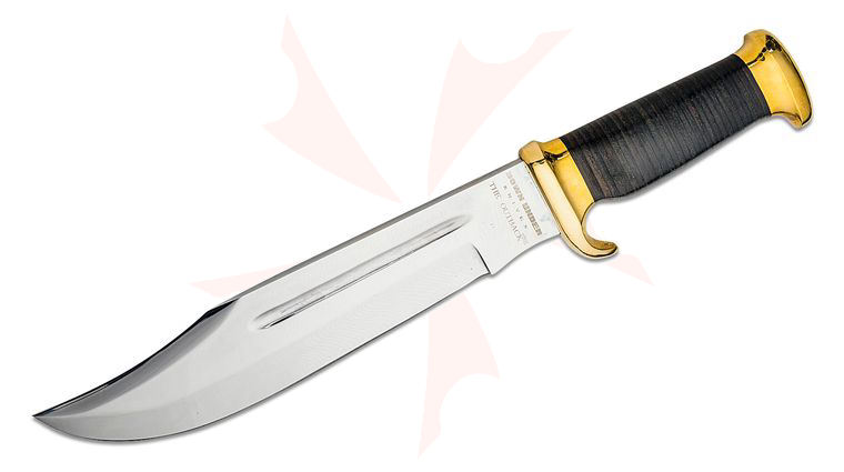 Down Under Knives Outback Eclipse Fixed Knife 11 inch 1095HC Polished Bowie Blade, Black Stacked Leather Handle, Leather Sheath