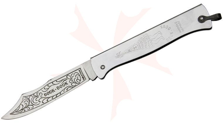 Douk-Douk Folder 3-1/8 inch Etched Carbon Steel Blade, Stainless Steel Handles
