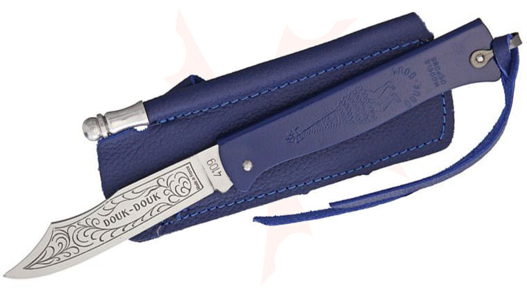 Douk-Douk Folder 3-1/8 inch Etched Carbon Steel Blade, Blue Steel Handles