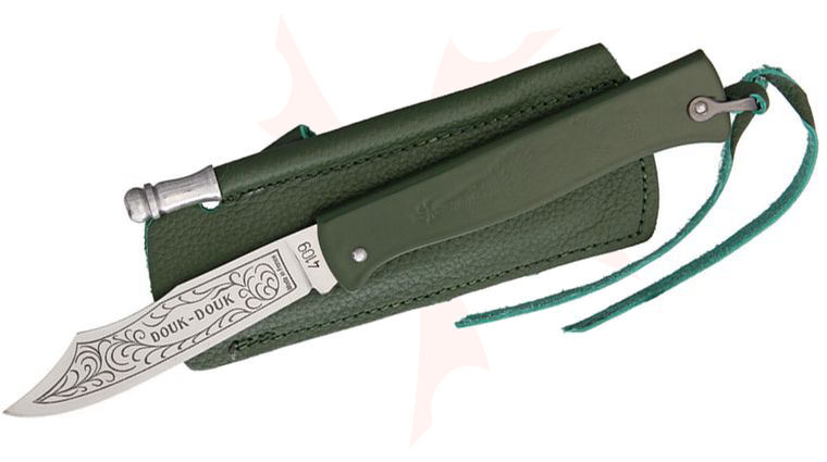 Douk-Douk Folder 3-1/8 inch Etched Carbon Steel Blade, Green Steel Handles