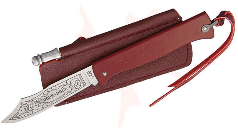 Douk-Douk Folder 3-1/8 inch Etched Carbon Steel Blade, Red Steel Handles
