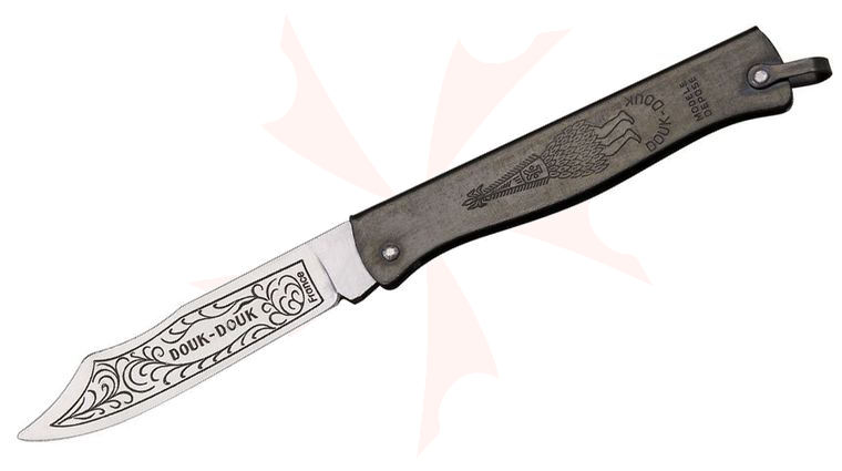 Douk-Douk Small Slipjoint Folder 2.88 inch Etched Carbon Steel Blade, Blackened Steel Handles