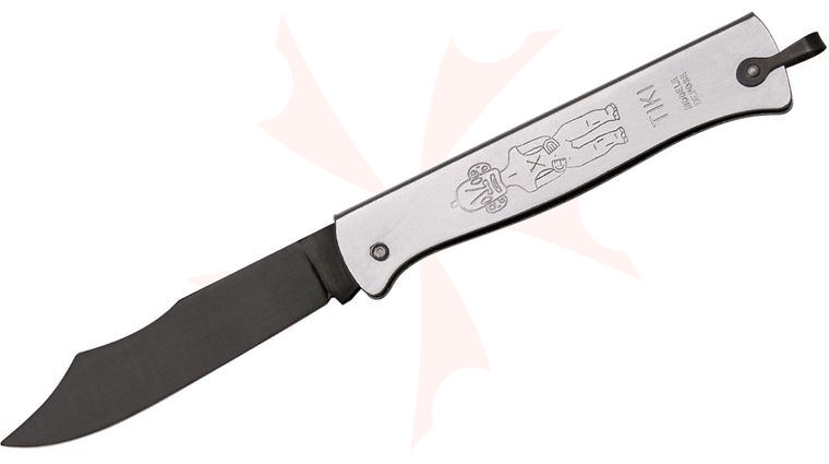 Douk-Douk Le Tiki Folder 3-1/2 inch Ferro-Blackened Stainless Steel Blade, Silver Finish Steel Handles