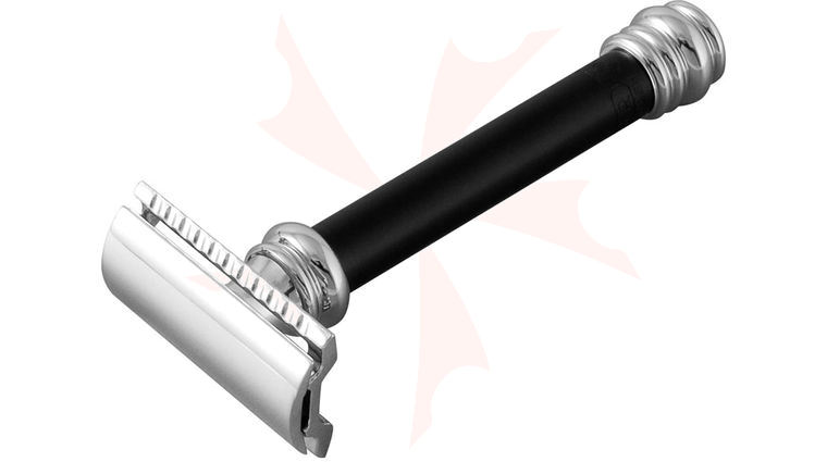 Merkur Three Piece Safety Razor, Chrome Plated Head,  inchBarber Pole inch Style Long Handle, 4 inch Overall