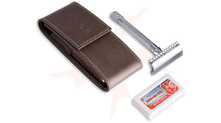 DOVO Travel Shaving Set, Safety Razor, Brown Cowhide Leather Case
