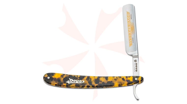 DOVO Special Straight Razor Gold-Etched 5/8 inch Full Hollow Ground Carbon Steel Blade, Tortoise Type Handles