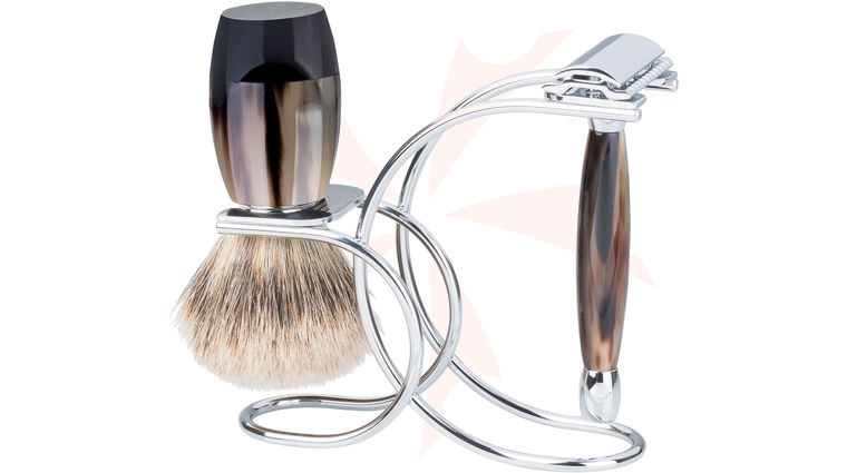 Merkur By Dovo 3 Piece Polished Horn Handle Razor Shave Set, Safety Razor, Silvertip Shaving Brush and Stand