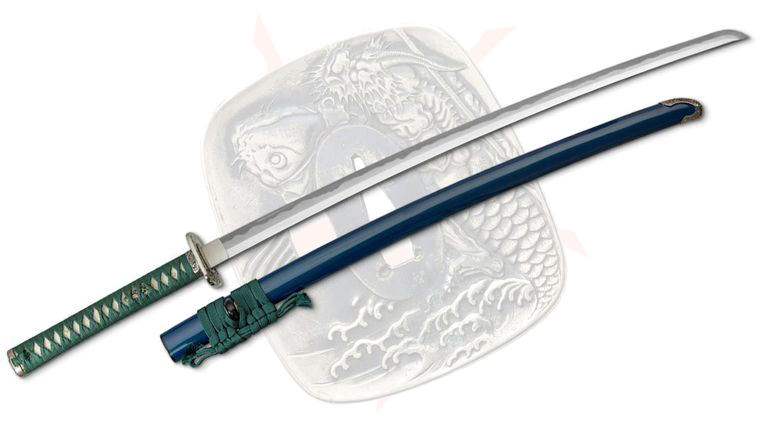 CAS Iberia Dragon King SD35480 Taikyu Katana 27.5 inch T10 & 9260 Hamon Blade, Teal Silk Wrapped Rayskin Handle