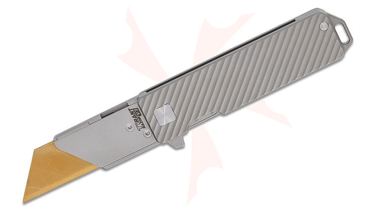 Exceed Designs TiRant Razor V3 Frame Lock Flipper Utility Knife 2.5 inch SK5 Gold Plain Utility Blade, Stonewashed Slash Milled Titanium Handles