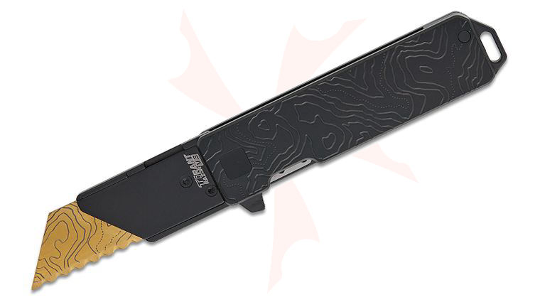 Exceed Designs TiRant Razor V3 Frame Lock Flipper Utility Knife 2.5 inch SK5 Gold Laser-Etched Serrated Utility Blade, Black PVD Topographic Titanium Handles