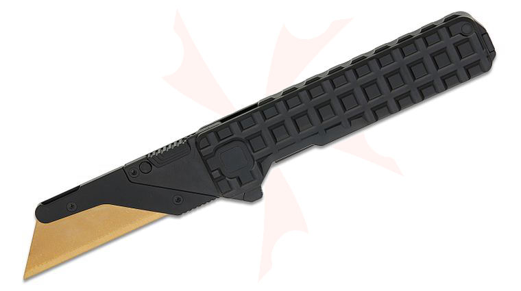 Exceed Designs TiRant Ultra HotSwap Frame Lock Flipper Utility Knife 3 inch SK5 Gold TiNi Plain Utility Blade, Black PVD Frag Titanium Handles with Integral Backspacer