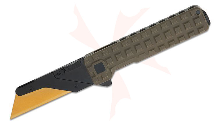 Exceed Designs TiRant Ultra HotSwap Frame Lock Flipper Utility Knife 3 inch SK5 Gold TiNi Plain Utility Blade, Centurion Bronze Frag Titanium Handles with Black Integral Backspacer