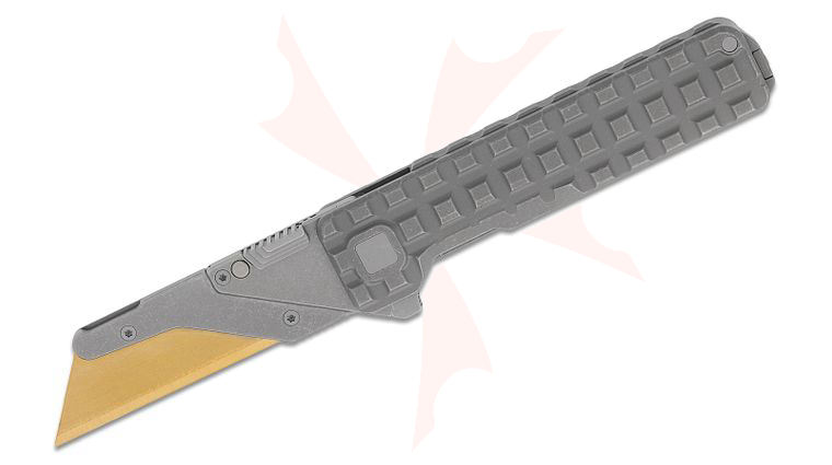 Exceed Designs TiRant Ultra HotSwap Frame Lock Flipper Utility Knife 3 inch SK5 Gold TiNi Plain Utility Blade, Stonewashed Frag Titanium Handles with Integral Backspacer
