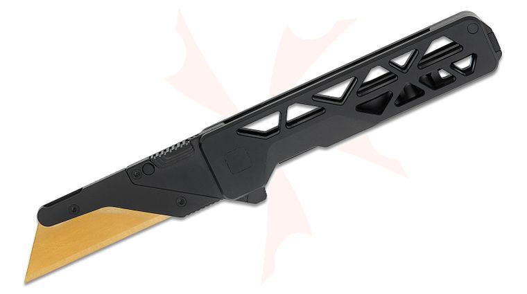 Exceed Designs TiRant Ultra HotSwap Frame Lock Flipper Utility Knife 3 inch SK5 Gold TiNi Utility Blade, Black PVD Skeletonized Titanium Handles