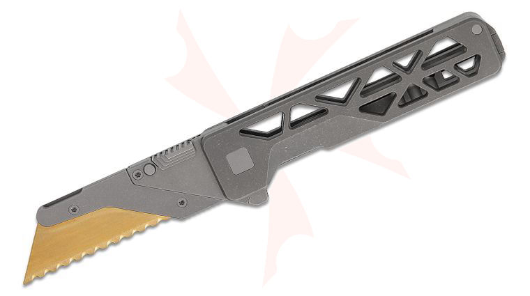 Exceed Designs TiRant Ultra HotSwap Frame Lock Flipper Utility Knife 3 inch SK5 Gold Serrated Utility Blade, Dark Stonewashed Skeletonized Titanium Handles