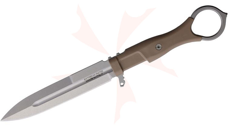 Extrema Ratio Misericordia Fixed Blade Knife 4.64 inch N690 Stonewashed Spear Point Blade, Desert Tan FRN Handles with Finger Ring, Molded Sheath