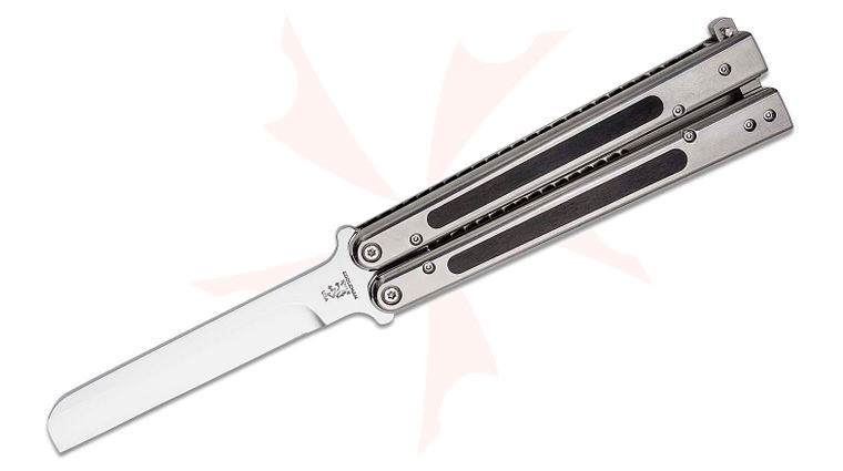 Sam Eddleman Custom Mariner Balisong Butterfly Knife 4.25 inch N690 Full Polished Sheepsfoot Blade, Satin Titanium Handles with Vintage Dark Ebony Wood Inlays  with Latch